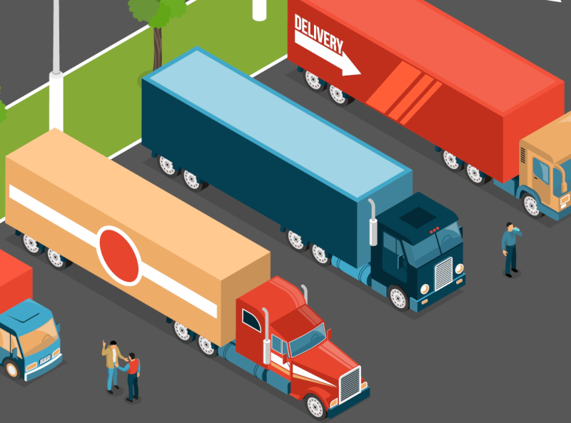 Vector red truck delivers flammable oil in tank. Background with vehicle, green trees and sky with clouds. Transport with cistern of liquid gasoline, fuel on the road. Industrial lorry with petroleum.