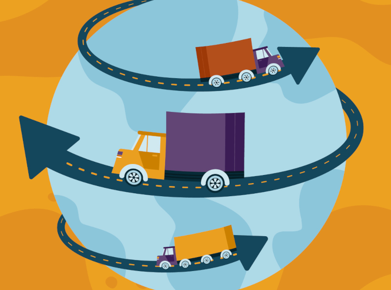 Vector red truck delivers flammable oil in tank. Background with vehicle, green trees and sky with clouds. Transport with cistern of liquid gasoline, fuel on the road. Industrial lorry with petroleum.